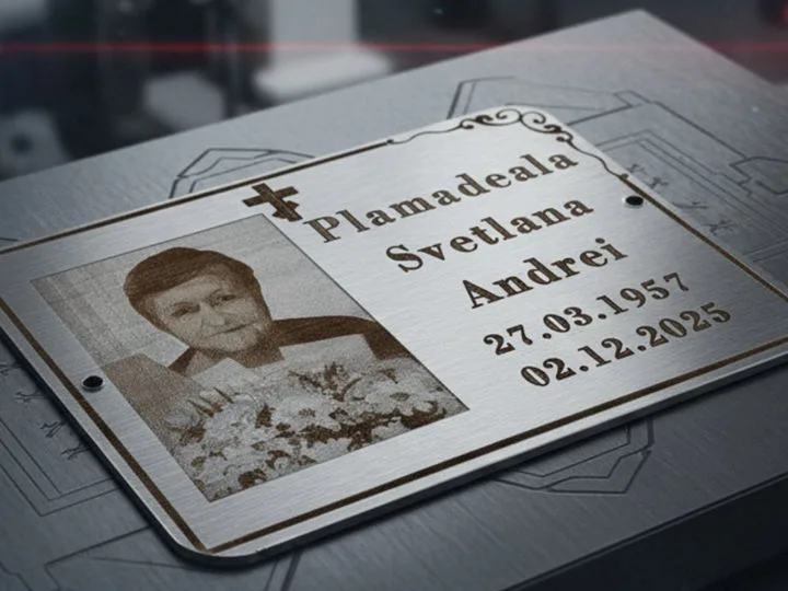 Gravare foto pe oțel inoxidabil pentru plăcuță funerară